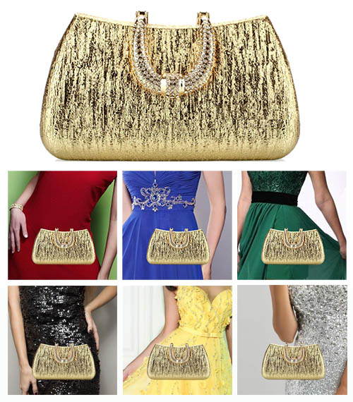 Вечерняя золотистая сумочка с зеленым, красным, черным, синим платьем