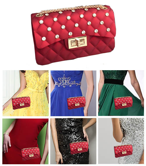 Вечерняя красная сумочка со стразами как выглядит с зеленым, красным, черным, синим платьем