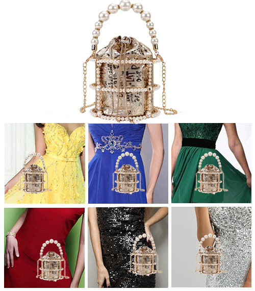 Вечерняя сумочка мешок - как выглядит с зеленым, красным, черным, синим платьем